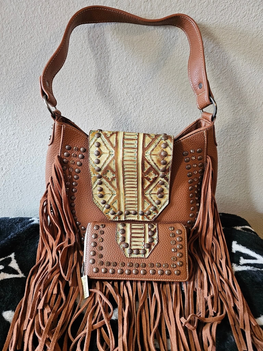 Trinity Ranch fringed Leather Hobo Bag/Embossed Matching Wallet Included